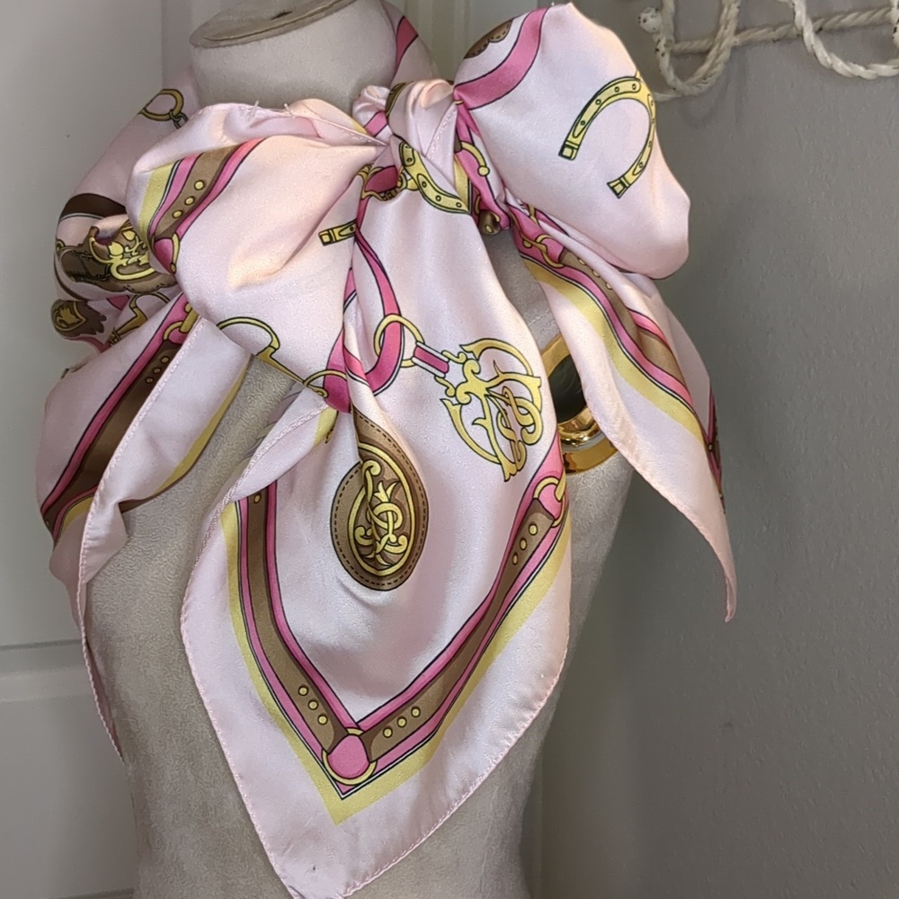 Vintage Mod Pink Equestrian Scarf Mid Century 51" Square Old Money Horse Theme - Picture 11 of 11